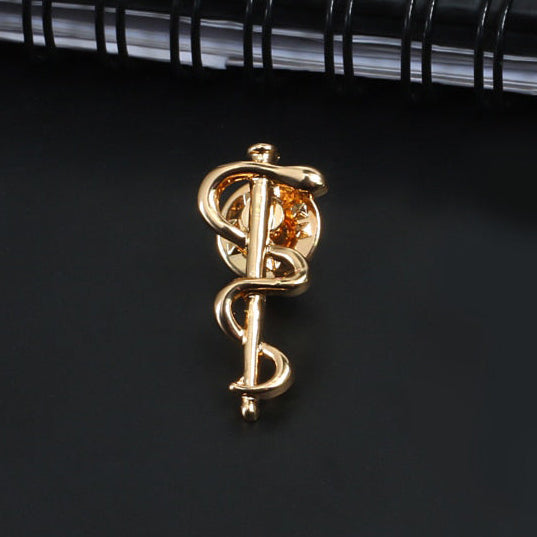 Broche Caducée au serpent unique dorée sur fond recto